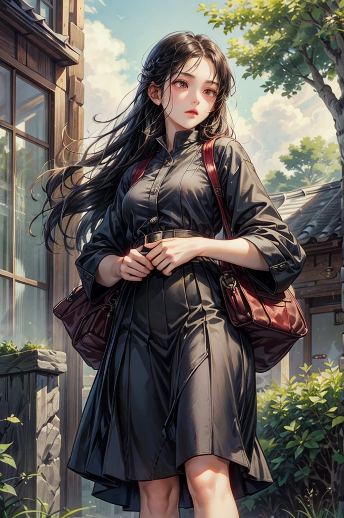 a rural village, young  girl, street, high school students, girl,black hair and long hair,red eyes, smart ((showa)), cool, lively