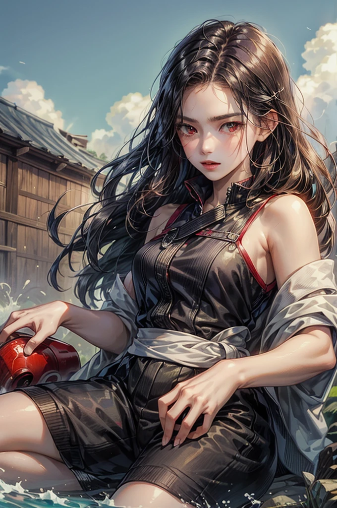 a rural village, young  girl, street, high school students, girl,black hair and long hair,red eyes, smart ((showa)), cool, lively