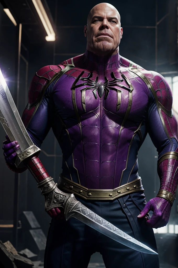 Thanos bleeding with a sword in his chest.. Spiderman is infornt of him Watching