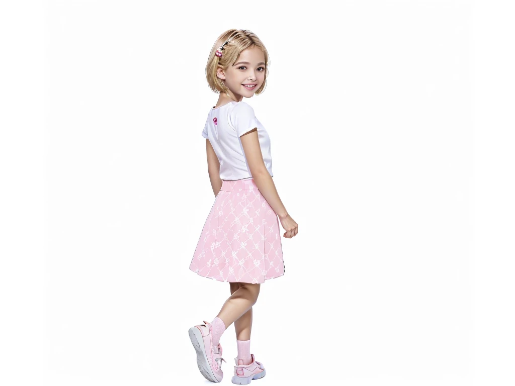 one,5-year-old girl,6-year-old girl,(flat chest)(Pink skirt)best quality,,Walk on the zebra crossing,crossing road,Sunlight,Tree Shadows,8K,high resolution,masterpiece,Super Detailing,Realistically,Live photos,photo lifelike,Live photos,(Look back and smile:1.37),(Blonde short hair)(有着Blonde short hair:1.37),Moments of honesty,hapiness,smile back:4,Foot on foot,Walked,Adobe Stock,picture,Interesting background,夏日Sunlight,First-person perspective,Beautiful light,by the road,Neat flower base/4.0, Sony FE GM, Macro photos, 8K, Super Detail, precise, best quality