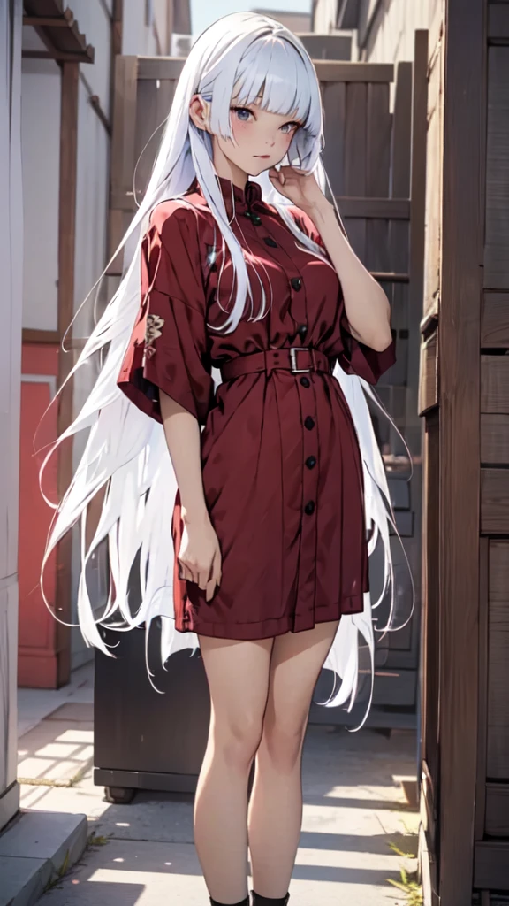 Straight bangs, straight cutted bangs, long smooth hair, 1 girl in a red dress and black heels standing in front of a wreath of red roses, hand in pocket, gray hair, long smooth hair and bangs, straight cutted hair and bangs, red right eye, gray left eye, heterochromia eyes, High quality anime image of a cute girl., anime girl with long hair, perfect white hair anime girl, anime girl gothic maiden, high quality anime art style., animated style, cute anime waifu with a beautiful dress, Red suit, beautiful anime art, de arknights