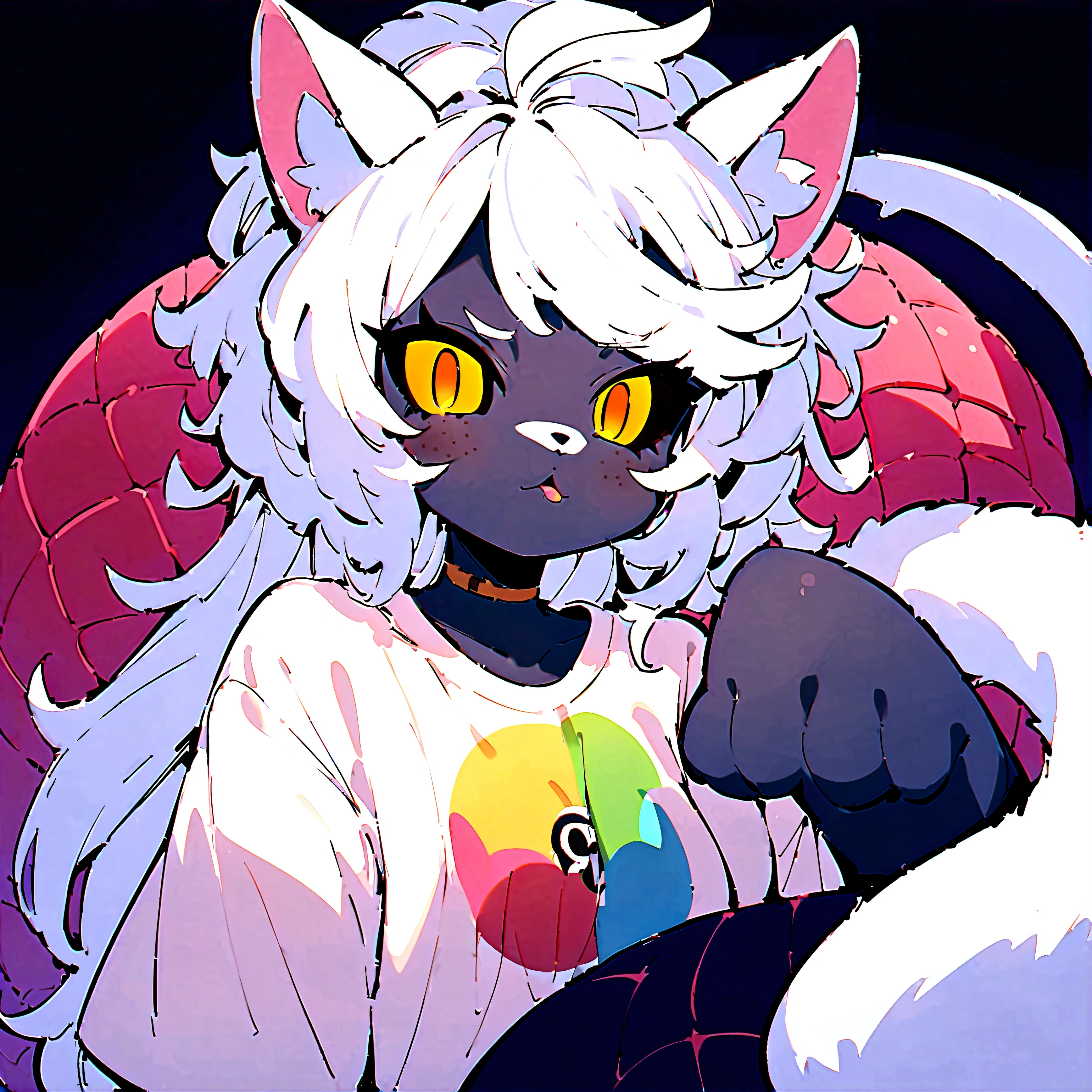 (score_9, score_8_up, score_7_up), ソロ、1匹、best quality, expressive eyes, glowing yellow eyes, perfect face, human face, (masterpiece), MGE, MGE artstyle, (bunyip), animal limbs, (animal arms), animal ears, lamia, (fluffy), (furry tail topside), (white fur), scaled tail underside, black scales, plain oversized t-shirt, wet clothing, nervous expression, looking at viewer from afar, unnatural skin color, black skin, freckles, black sclera, white hair, gold highlights, (long fuzzy hair), clear tail positions, ear fluff, black background, clothing over fur, , 