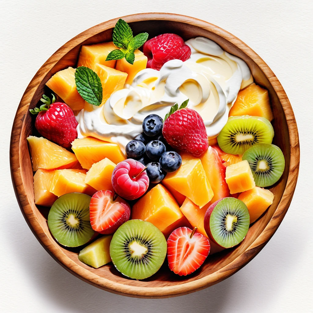 a painting of a wooden bowl of delicious fruit salad with mayonnaise and cream, ((watercolor)), solid white background, center composition, negative space around the object, washed out color, detailed masterpiece