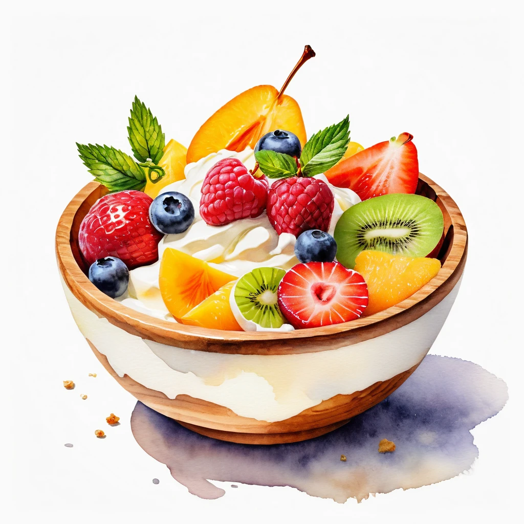 a painting of a wooden bowl of delicious fruit salad with mayonnaise and cream, ((watercolor)), solid white background, center composition, negative space around the object, washed out color, detailed masterpiece