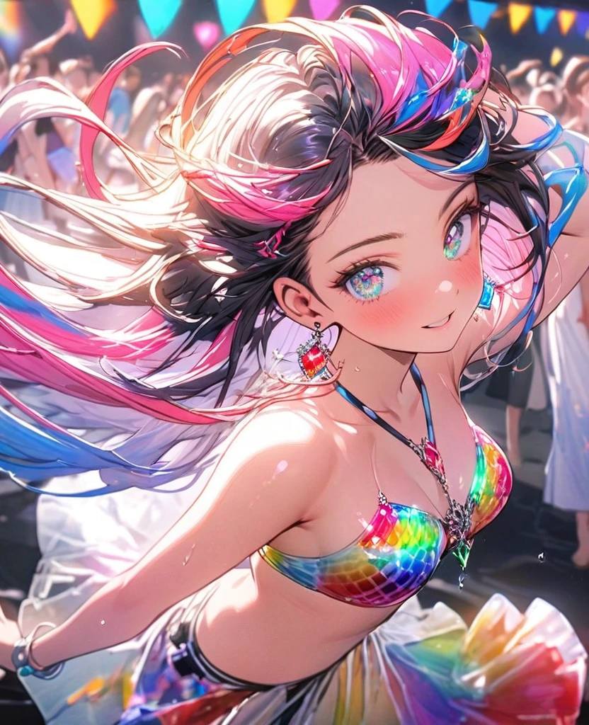 8K,gal,an extremely delicate and beautiful,Beautiful and realistic skin,Shiny jewel-like earrings,Long colorful hair,beautiful eyes,full body,head to toe,beautiful regs,beautiful colorful bikini
,summer music festival,hanabi,dance