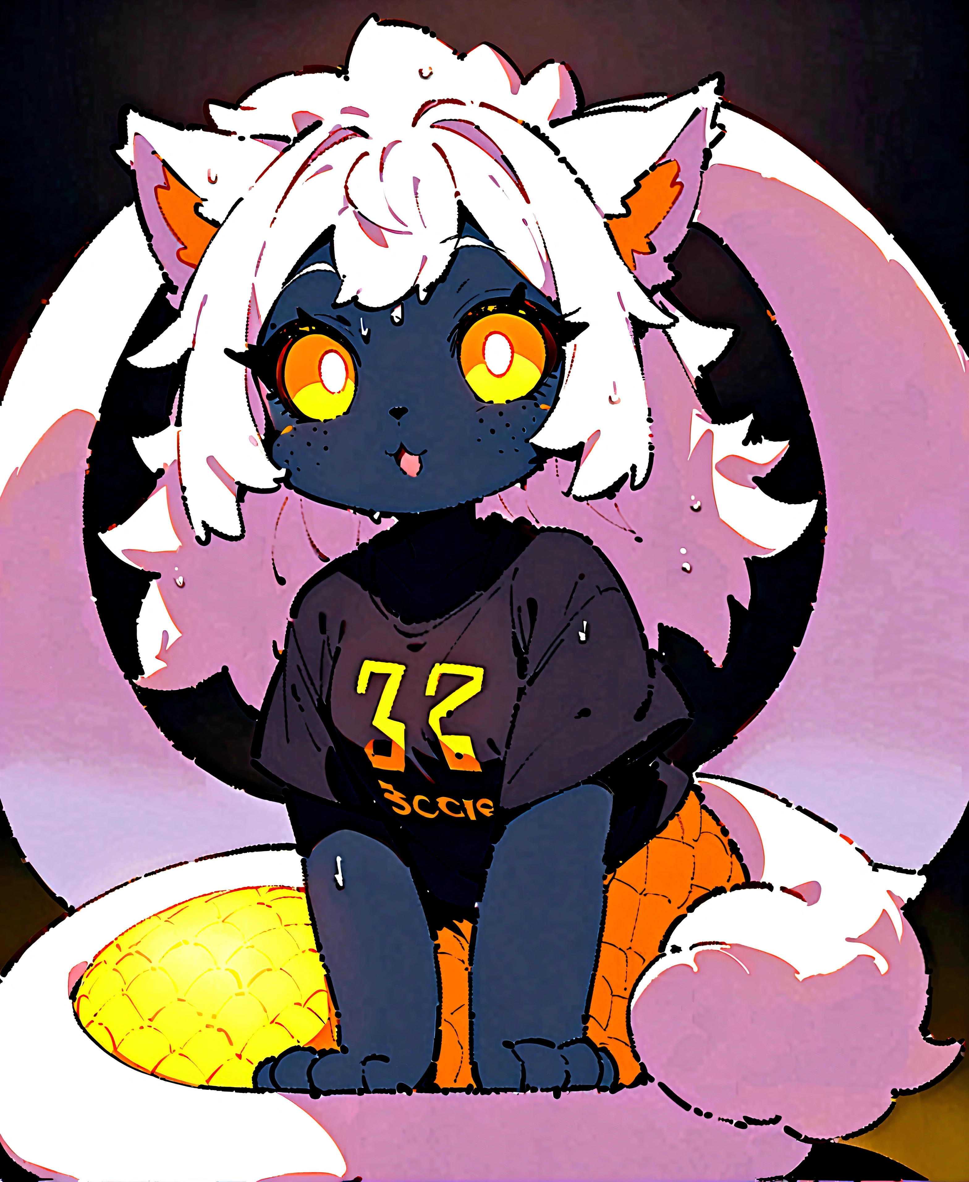 (score_9, score_8_up, score_7_up), best quality, expressive eyes, glowing yellow eyes, perfect face, human face, (masterpiece), MGE, MGE artstyle, (bunyip), animal limbs, (animal arms), animal ears, lamia, (fluffy), (furry tail topside), (white fur), scaled tail underside, black scales, plain oversized t-shirt, wet clothing, nervous expression, looking at viewer from afar, unnatural skin color, black skin, freckles, black sclera, white hair, gold highlights, (long fuzzy hair), clear tail positions, ear fluff, black background, clothing over fur, ,