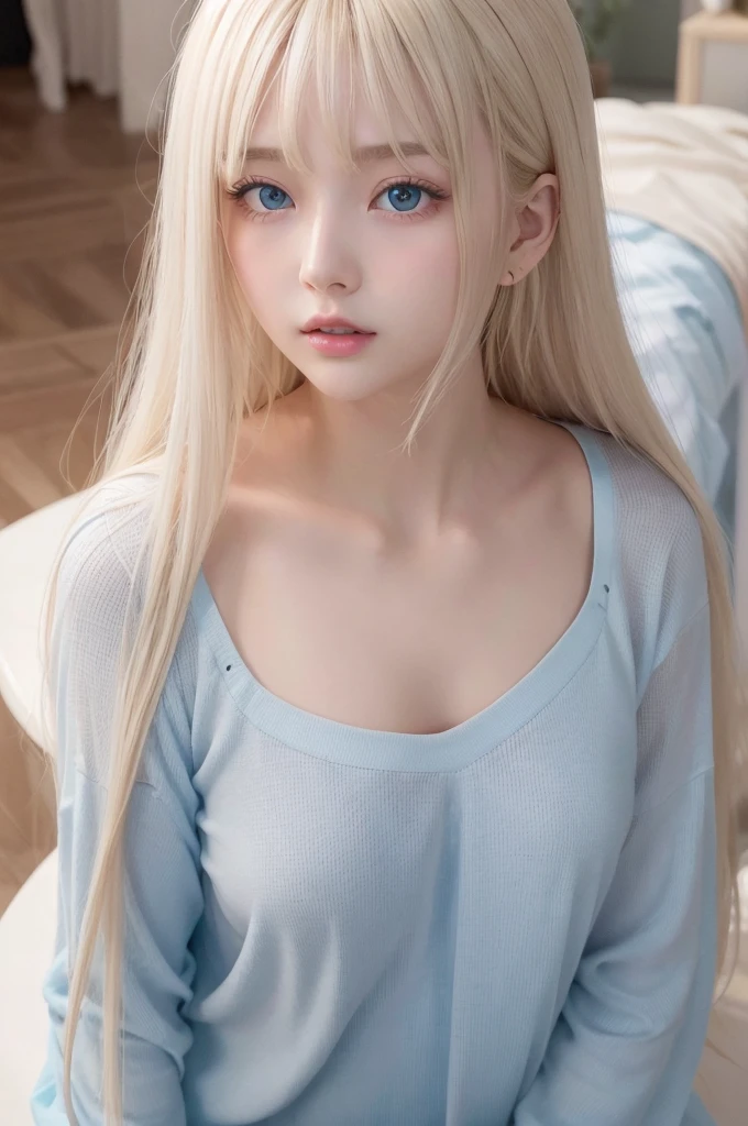 The most beautiful light blonde hair in the world、Bright expression、Beautiful Bangs、Super long straight hair、Beautiful, clear, bright light blue eyes、Sheer white and wet nightgown、European youth、Perfect body、The ultimate beauty、Perfect beauty、The cutest face in the world、The most beautiful 17 year old in the world、White and glowing skin、Perfect beautiful face、Bright makeup、Pale pink lips、One Girl、Unbuttoned shirt、lipstick、Deceptive advertising、{vapor}、Viewer's vision、Golden Hour Lighting、Comic Strip、Bokeh Atmosphere Perspective、Detailed Video Lite、Intricate details、High resolution、 Detailed features of the face design、Advanced Details、Clear focus、Smoothness、aesthetics、Advanced Details、Printed、Octane、{{masterpiece}}
