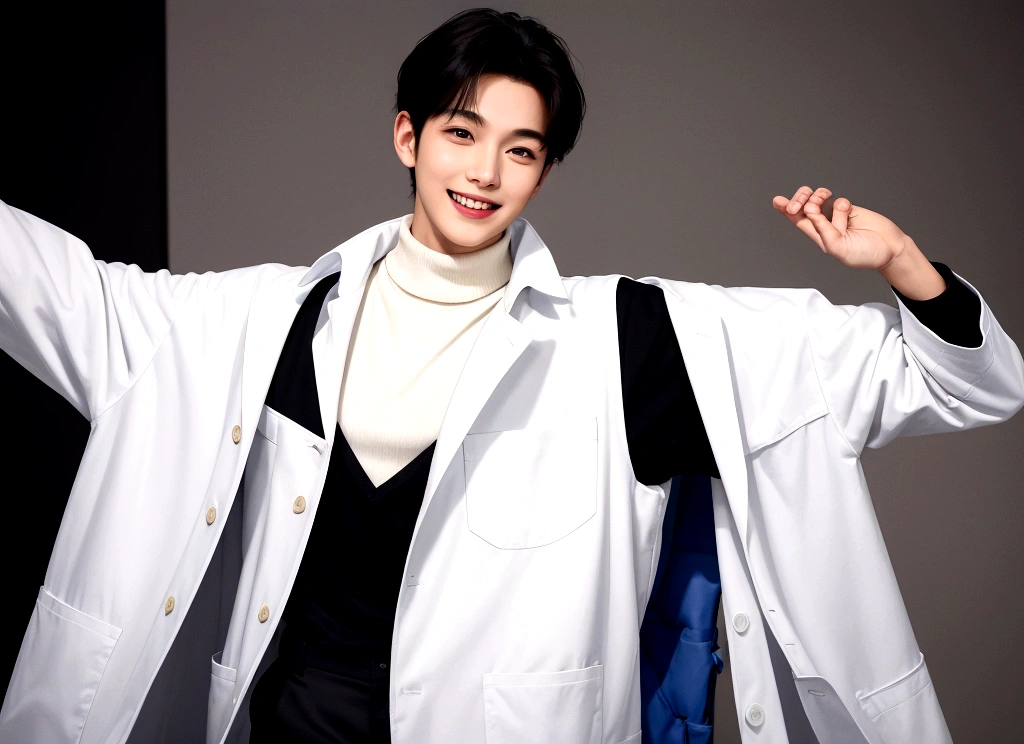 Create an image of a young man wearing a long white coat with large front pockets. The coat has a logo on the left chest featuring a blue and red globe with the word "EARTH" written below it. Underneath the coat, the man is wearing a black high-collared shirt and black pants. He is also wearing brown leather shoes. The man has medium-length, dark hair and is standing with his hands in his coat pockets, exuding a calm and confident demeanor.Top quality, super detailed,, (Korean), long body, (black turtleneck)), clean lab, (beautiful), (long body)) big smile, top quality, super detailed, illustration, super detailed view, (realistic), (black hair)), one young man, (all wearing Evian), (researcher in lab coat)), (no glasses), twink, (fair skinned), (knowledgeable), (Korean), long body, (white shirt)), clean lab, (beautiful), (long body)) big smile, right hand is making an "OK" gesture near his face, hand raised near his face. He has a bright and cheerful expression, smiling widely, showing his teeth. His smile is so big his eyes almost close, and he is looking straight into the camera. The background is bright and white, giving the image a clean and fresh look.