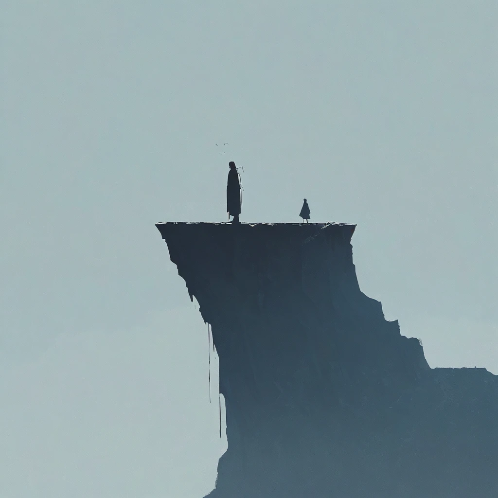 simple，Minimalist illustration，solitary figure，Cliff edge， 