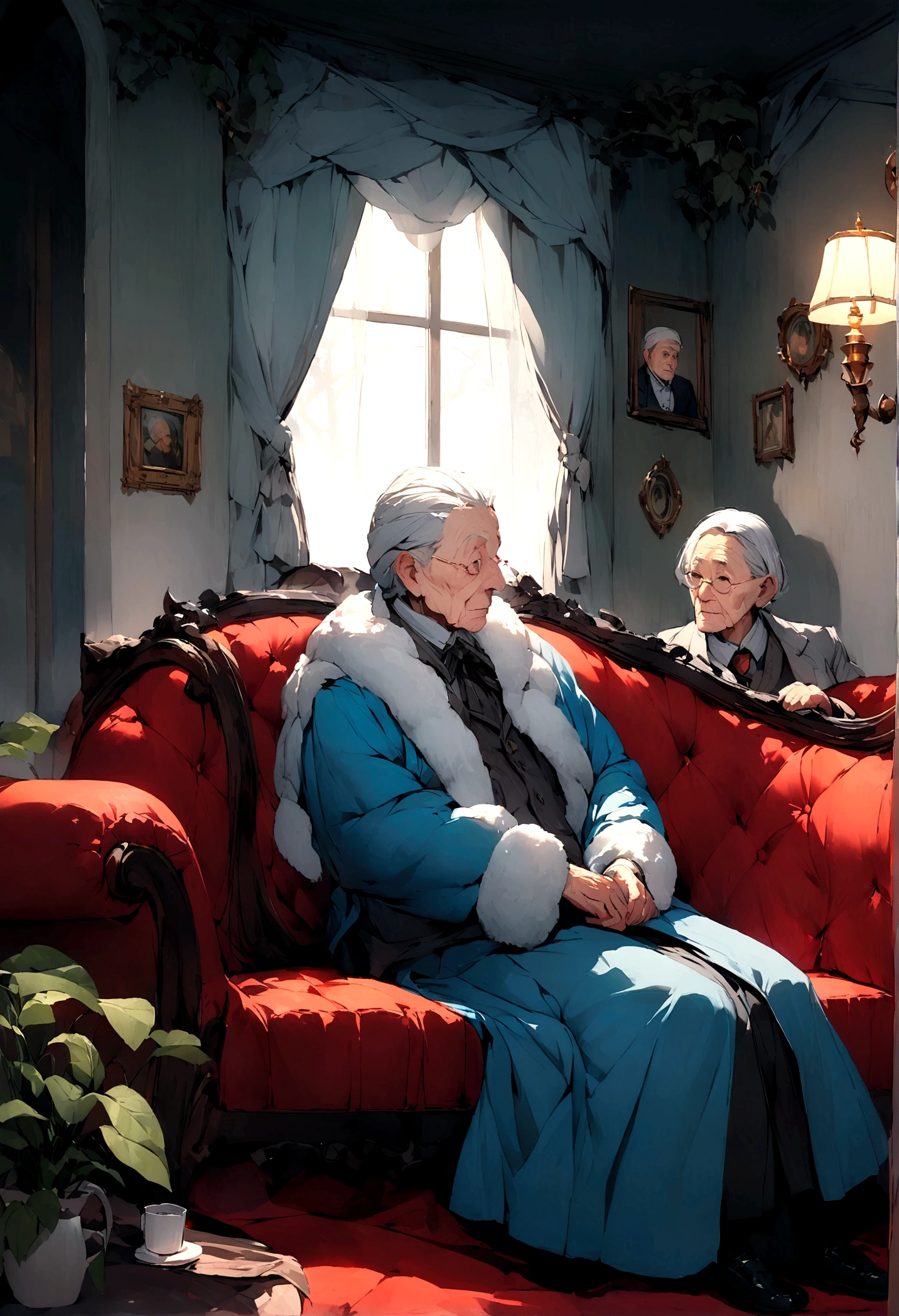 cold winter,night,In the room,Two elderly people sitting on the sofa