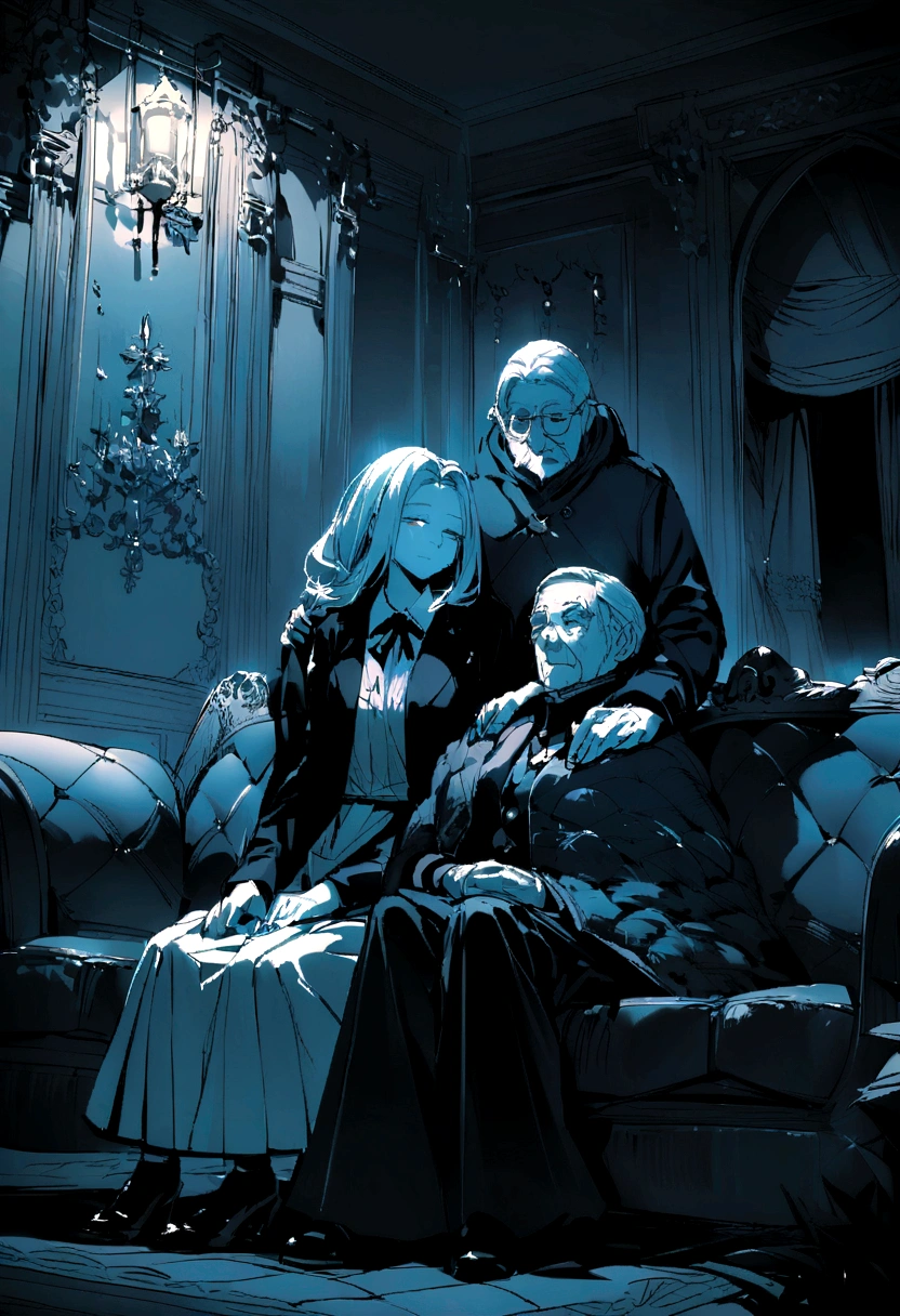 cold winter,night,In the room,Two elderly people sitting on the sofa