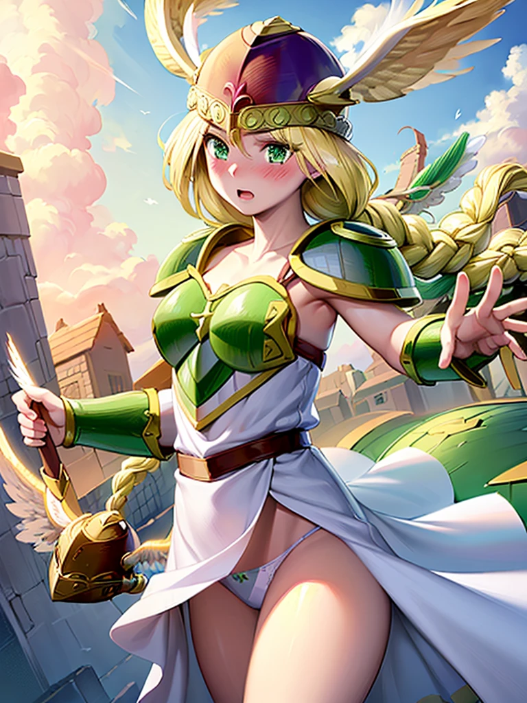 masterpiece,best quality, 1girl, 18yo, beautiful girl,BREAK,(Armor:1.8),(Helmet with wings:1.7),(Beautiful blonde,braid,Green Eyes:1.5),BREAK,(White Dress,Half-undressed panties:1.4),BREAK,(blush:1.3), (blue sky:1.2),(Running on clouds:1.3),(move chart:1.3),