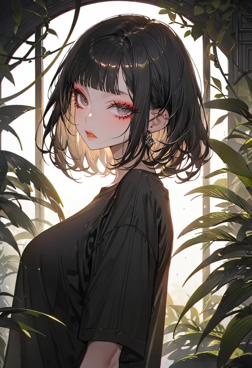 (Highest quality,Very detailed,High resolution:1.2),beautiful girl,Black very short hair,Black hair bangs, Wearing an oversized black T-shirt,very_Long eyelashes, Detailed lips, Cool look, Soft Skin, Shiny Hair,Exquisite makeup,