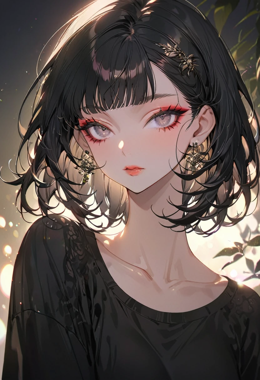 (Highest quality,Very detailed,High resolution:1.2),beautiful girl，Black very short hair,Black hair bangs, Wearing an oversized black T-shirt，very_Long eyelashes, Detailed lips, Cool look, Soft Skin, Shiny Hair,Exquisite makeup,