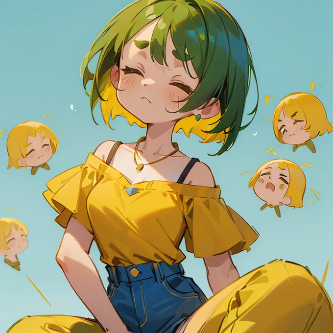 (masterpiece, Highest quality:1.2), (2 head body chibi character:1.1), One Girl, Yellow-green hair, Bob Hair, Top of the head, Closed eyes, Yellow off-shoulder blouse, Denim shorts, Short bangs, Thick eyebrows, Round necklace, A painful atmosphere, Wearing a mask, (Photo studio with blue background:1.0)