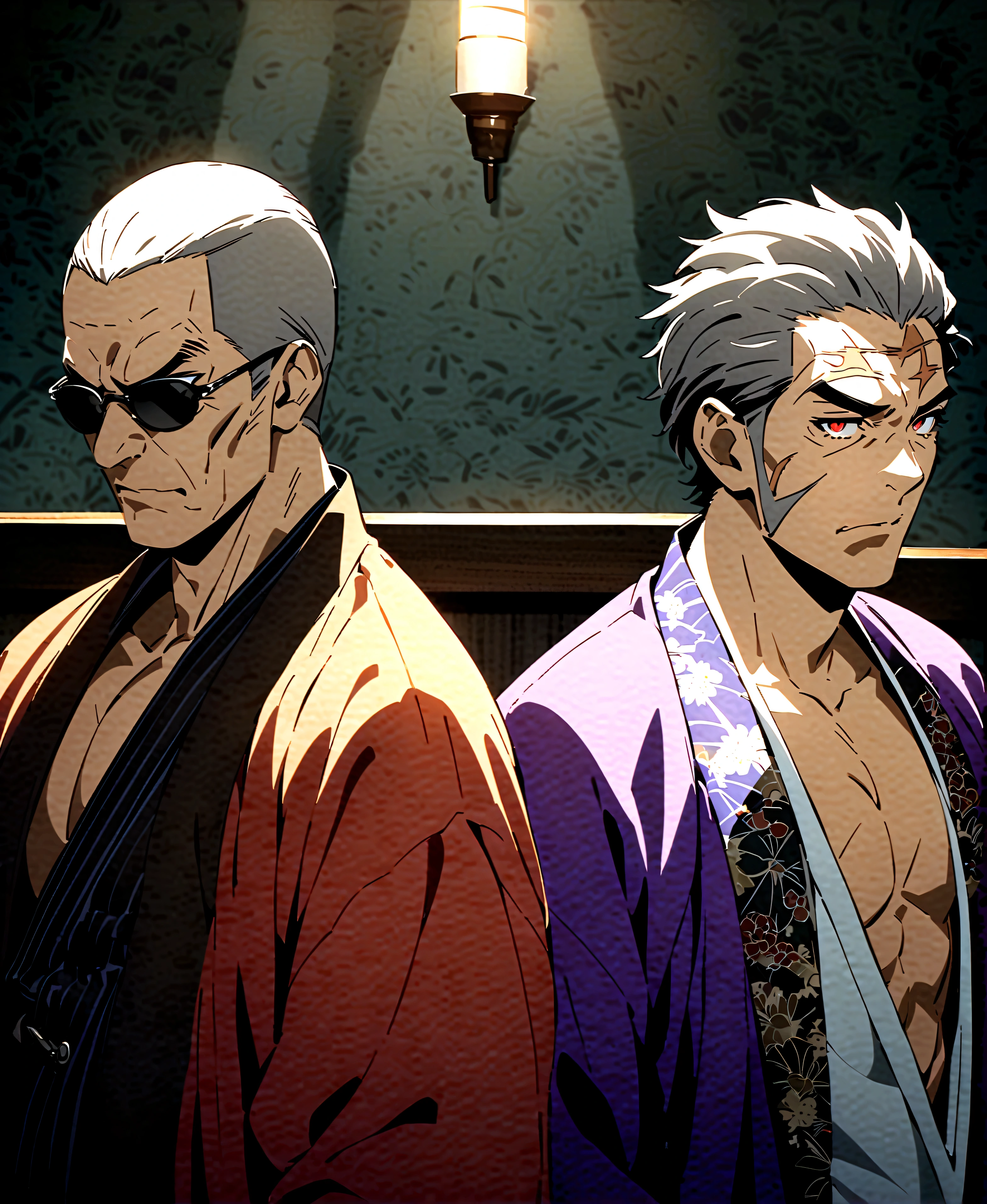 anime artwork, score_9, score_8_up, score_7_up, score_6_up, score_5_up, Japanese-style room、Yakuza boss、Regionally designated crime syndicates、Stern old man、Gray Hair、Sharp Eyes、Wound on the right eye、Scars on the face and body、DOSS、Yakuza Fashion、kimono、Japanese sword、Chaka、gun、
