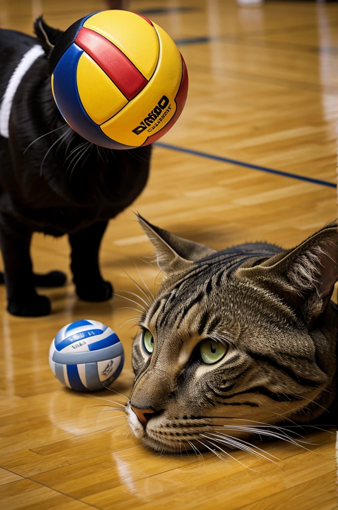 A logo of a volleyball ball with cat eyes
