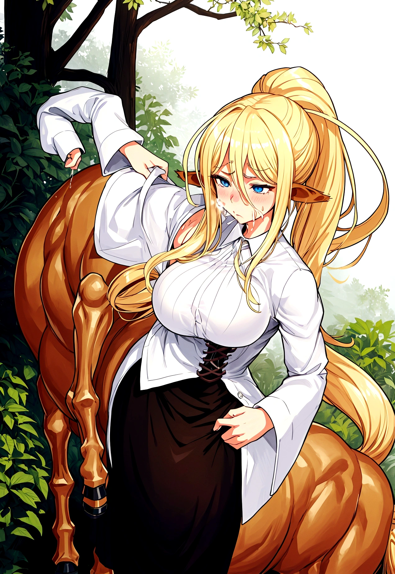 Anime centaur.1 girl. Cutie. Centaur girl. Half-human. Monster girl. Centaur. The girl is a horse. Blonde. Long hair. Hair ornament. Her hair is pulled back into a high ponytail. Blue eyes. Beautiful eyes. Perfect eyes. Expressive eyes. Ideal face. Face about to sneeze
Sneezing face. Beautiful nose. Snotty nose. After sneezing, long snot hangs from the nose.  years. Big breasts. Beautiful breasts. Girl knight. Centaur knight. She is ill. She got sick. She has allergies. She has a runny nose. Nasal mucus. She has snot. She wants to sneeze. She needs to sneeze. She has a strong, desperate urge to sneeze. She sneezes. She sneezes. Splashes of snot fly to the sides. Snot flows from the nose. She's on her period. Her crotch is bleeding. She has urinary incontinence. She wants to pee. She needs to pee.
She has a strong, desperate urge to pee. Hand on the aroma. Creaco squeezes his crotch. Trettperineum. She described. Urine pours onto the ground. In the middle of the forest. Ideal anatomical body. The lower part of the body is equine. Horse slender legs. Hooves instead of legs. White linen blouse. Light plate armor - corset. Skirt. No panties. Standing. Full height. Beautiful character design. Shiny skin. Whole body. NFS. Official art. Extremely detailed CG Unity 8k wallpaper. Ideal lighting. Ultra high resolution 4K. Super detailed 8K. A high resolution.