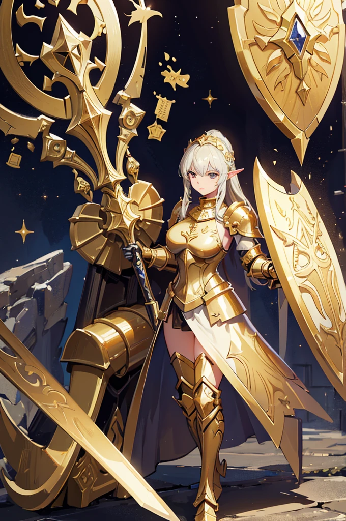 Woman in armor, standing in a dark room with a glaive, girl in armor, gorgeous female paladin, alluring elf princess knight, from line 2, Dressed in heavy armor, female paladin, picture of female paladin, female paladin в стиле фэнтези, extremely detailed art germ, female knight, of a beautiful female knight, beautiful female knight, Arafed statue of a knight with sword and shield, golden paladin armor, Warhammer Emperium Style, Ares in heavy armor and sword, Adeptus Custodes Centurion, heavy gold armor, Heavy golden armor, golden paladin, Fantasy art of Warhammer, War Hammer, Epic Paladin Armor, warhammer 4 0k fantasy, golden heavy armor. Dramatic