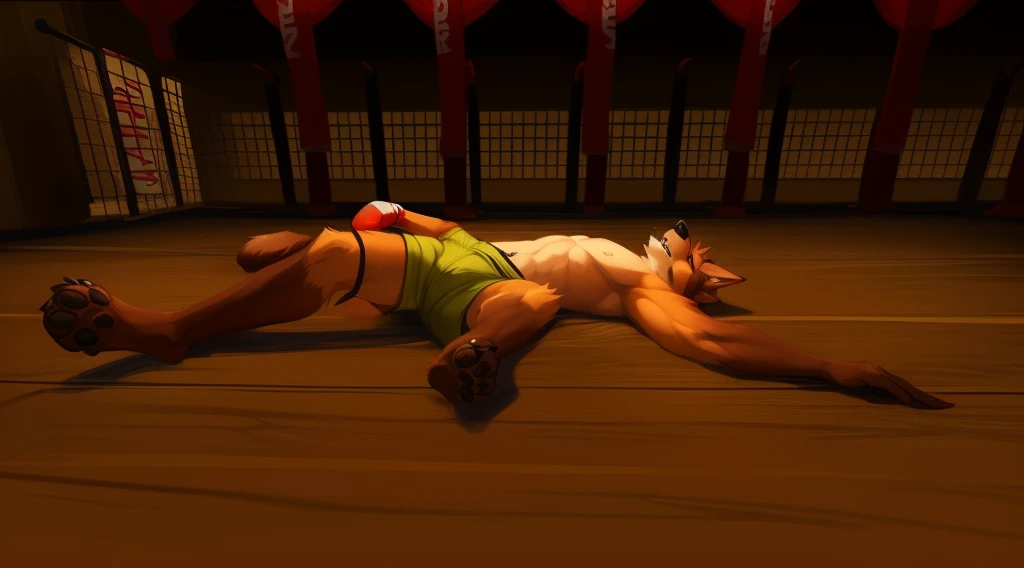 a detailed picture of a boxing match (one male anthros), slim body, slim features, in a boxing ring, Ross Tran, ruan jia, trending on artstation, foxovh, ((terrier dog, reddish-brown fur, green shorts, knocked out on the floor)), from side