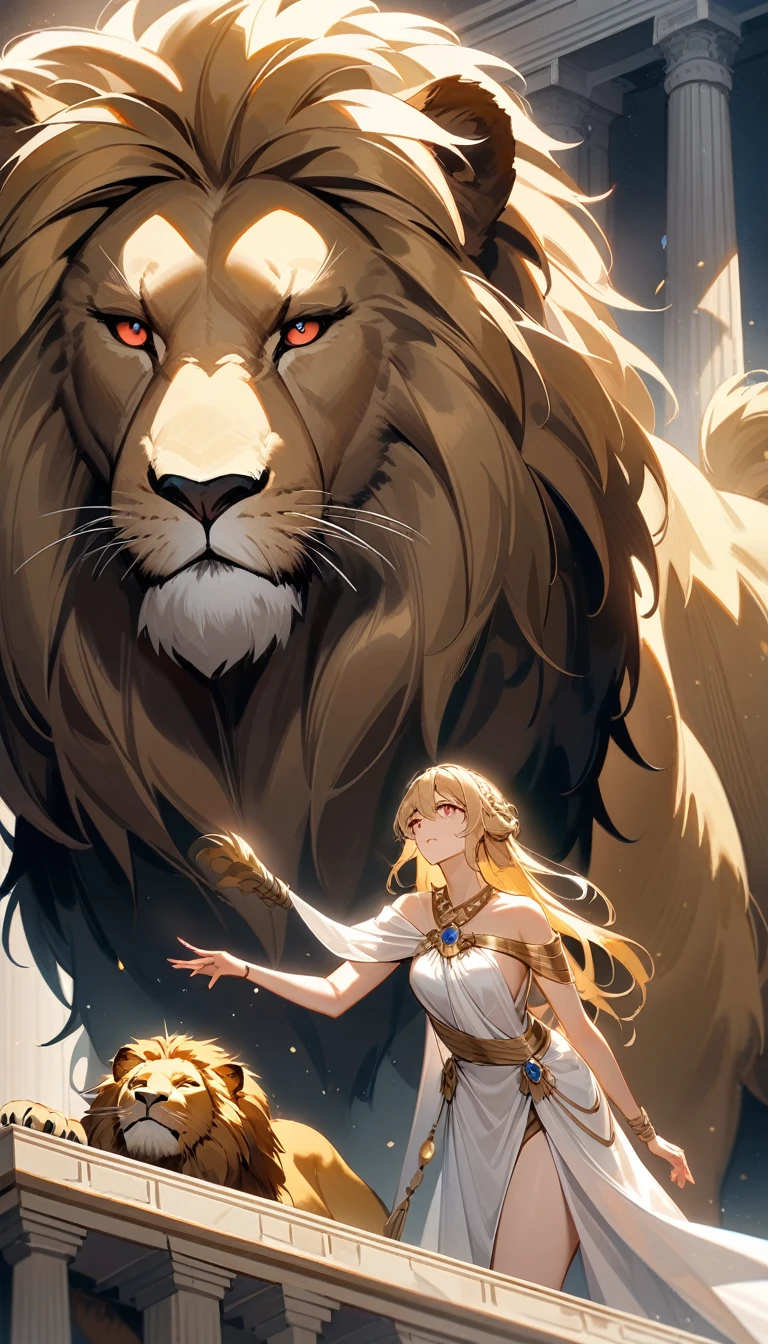 (Huang Li、high quality、Extremely detailed),Constellation - Goddess Leo,Giant lion,Woman petting a lion,Similar to Latin goodness,brave,capricious,Productivity,The face of enterprising and humanitarianism,Blonde hair,Ancient Greek costumes、Wrap Dress,The background is the palace,Crystal red eyes(Eyes Details),Powerful appearance