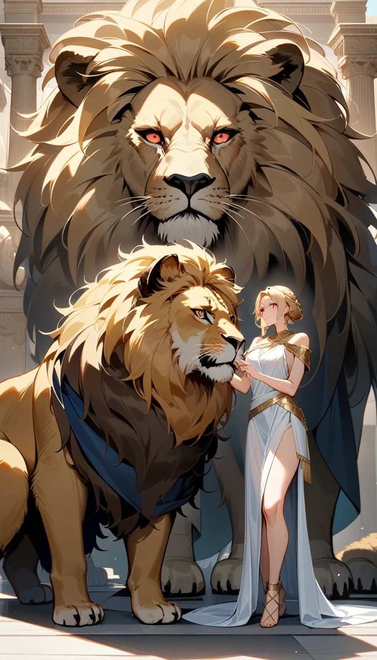 (Huang Li、high quality、Extremely detailed),Constellation - Goddess Leo,Giant lion,Woman petting a lion,Similar to Latin goodness,brave,capricious,Productivity,The face of enterprising and humanitarianism,Blonde hair,Ancient Greek costumes、Wrap Dress,The background is the palace,Crystal red eyes(Eyes Details),Powerful appearance