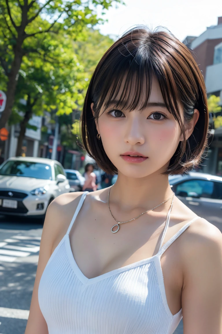 ((8K:1.27)、Highest quality、masterpiece、Ultra-high resolution:1.2)Beautiful Japanese Women Photos(fun:1.1) grayス、There are good ones、Gradient lighting、One Girl、Delicate skin、Look at this、Brown eyes、(Short hair with bangs:1.2)、(middle breast wheel:0.8)、(Realistic:1.4)、(Highest quality:1.0)、(Ultra-high resolution:1.0)、8K、Original photo、(masterpiece:0.2)、(Pure love face_v1:0.5)、 結び目のあるショルダーPlaidのドレス、Spaghetti Straps、Spaghetti Straps、Plaid、Super mini length、Multicolor、gray、No sleeve、Round neck、What can I do for you?、Staring at this、Omotesando in the morning、street tree、Stylish city views、theme、Tilt、Look at this、lol、Futomo、Slightly thicker、Big Ass、necklace、SLR、Morning light、The morning sun is dazzling、