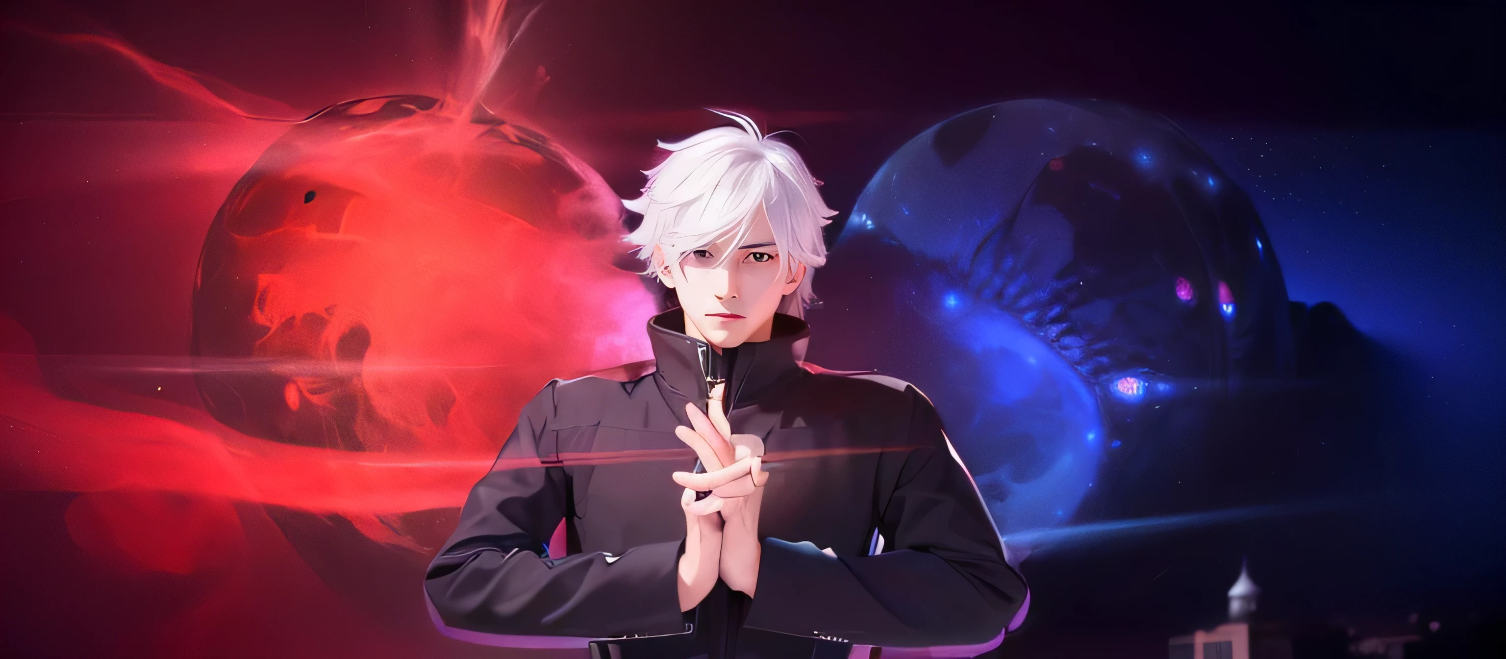 masculine male, masterpiece, ((perfect eyeest quality, (semirealism:1.9), beautiful lighting, (extremely detailed CG unity 4k fhd wallpaper), High Detail, Sharp focus, dramatic outdoors, 1 boy ,19 years old, white hair, light purpel eyes, smile.