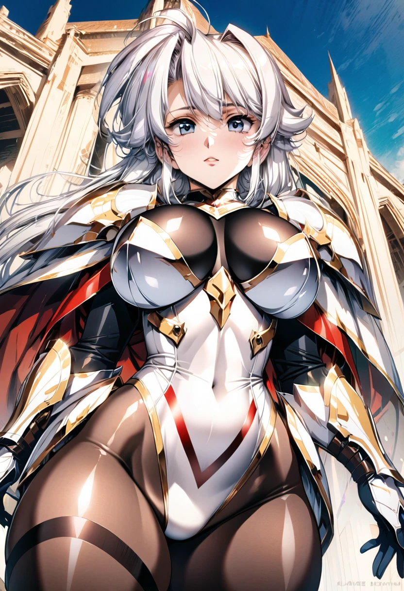 ((highest quality)), ((masterpiece)), ((hyperrealistic)), (detailed background), anime style, solo, shoot from below, 1girl, ((curvy: 1.2)), kawaii, paladin, ((Lamé racing scarlet leotard)), ((see-through catsuit leotard)), (paladin armor), (breastplate armored dress), cloak de cour, gauntlet, gloves, white hair, ahoge, (huge breasts), see-through cleavage cutout, (zettai ryouiki black thigh high socks), (black see-through pantyhose thighs), (See-through pantyhose groin area), beautiful eyes, perfect face, Perfect hands, perfect fingers, Blue sky and grassland,