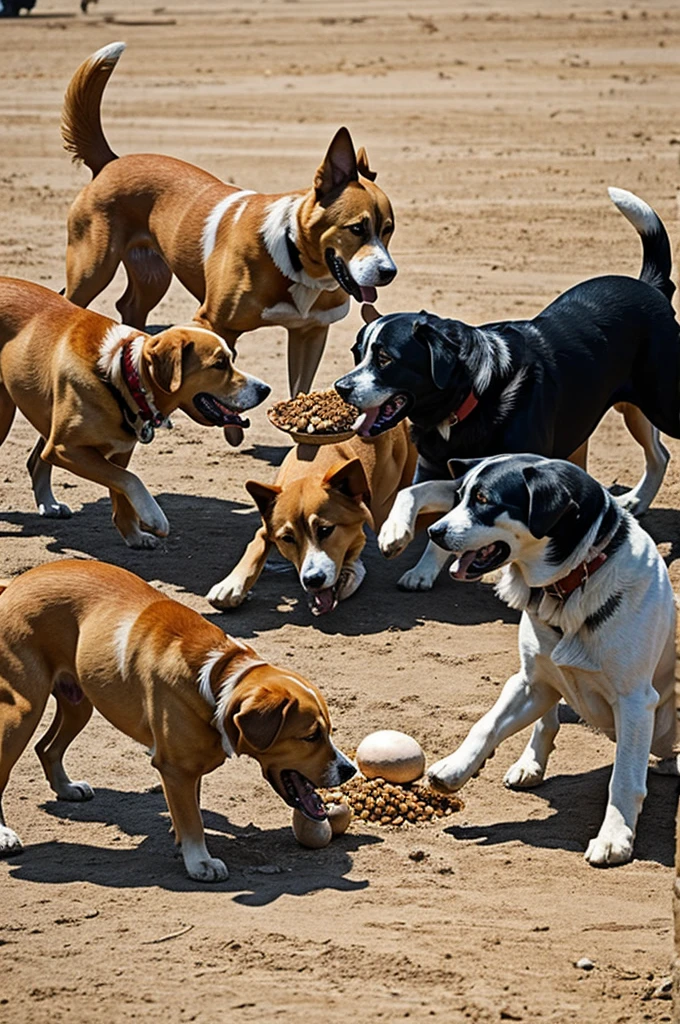 Dogs group fighting while feeding
