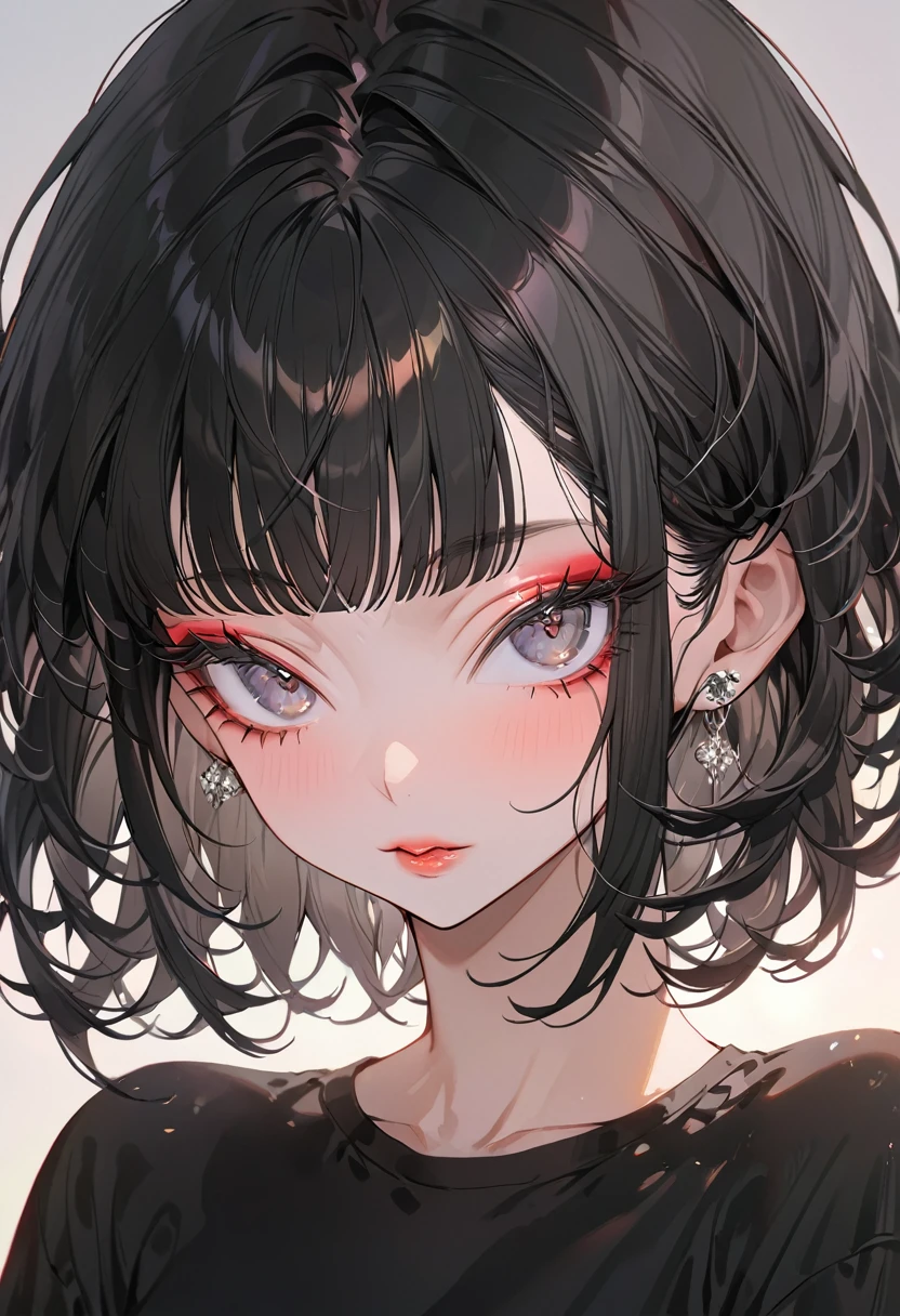 (Highest quality,Very detailed,High resolution:1.2),beautiful girl,Black very short hair,Black hair bangs, Wearing an oversized black T-shirt,very_Long eyelashes, Detailed lips, Cool look, Soft Skin, Shiny Hair,Exquisite makeup,