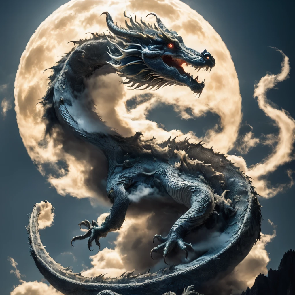 The cloud looks like the Russian Dragon Snake Gorynich, Three-headed dragon, Dragon Flying, Holding the full moon　3d　Superrealism　The wonderful light of the moon、detailed  