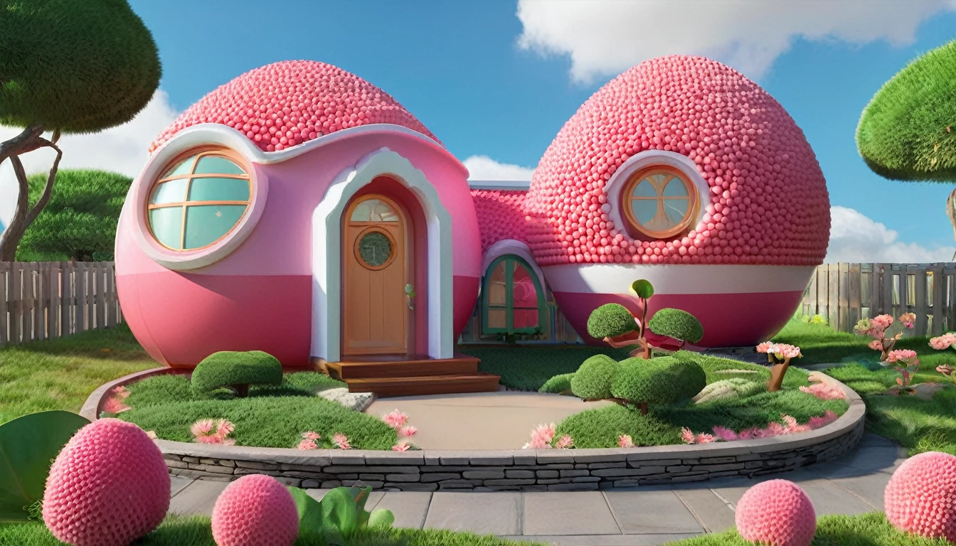 A cartoon house in the shape of a lychee，Super big and cute，3d，Pixar animation style，Super Fine，Ultra HD