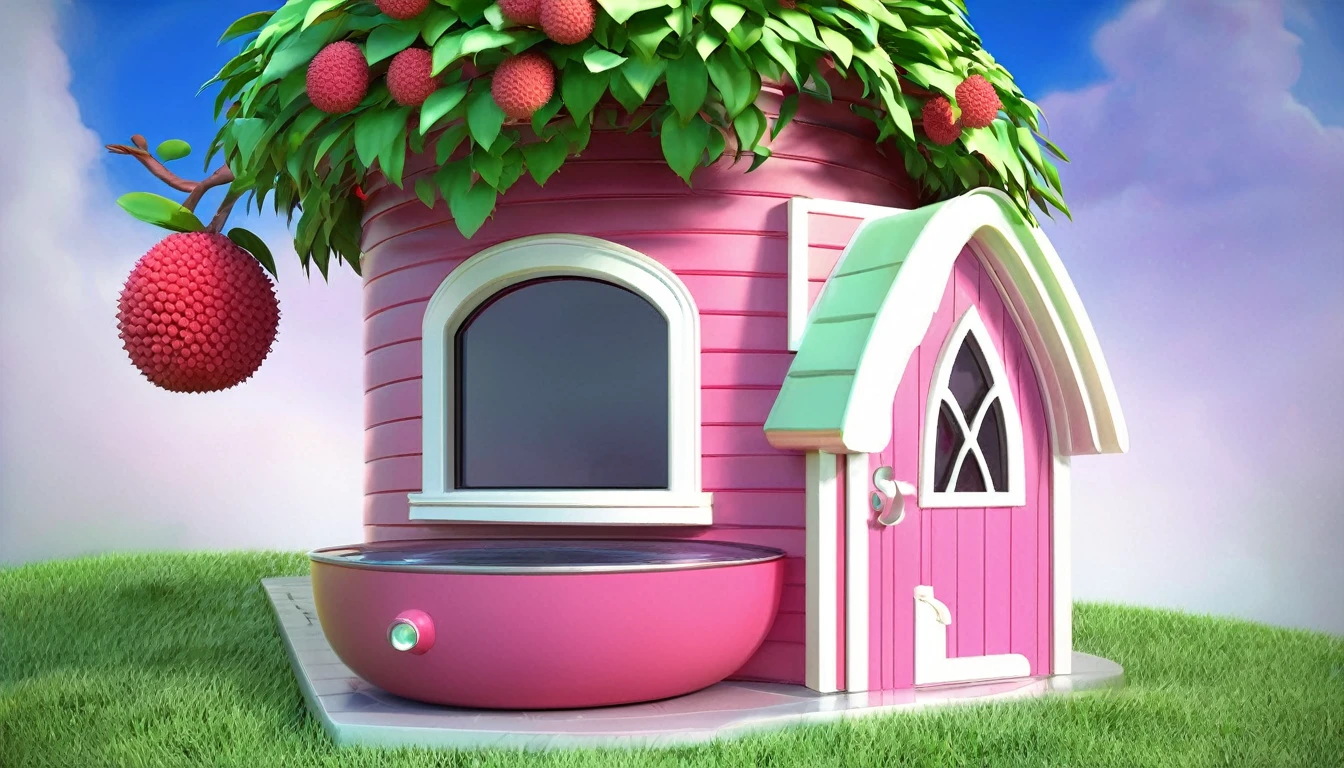 A cartoon house in the shape of a lychee,Super big and cute,3d,Pixar animation style,Super Fine,Ultra HD