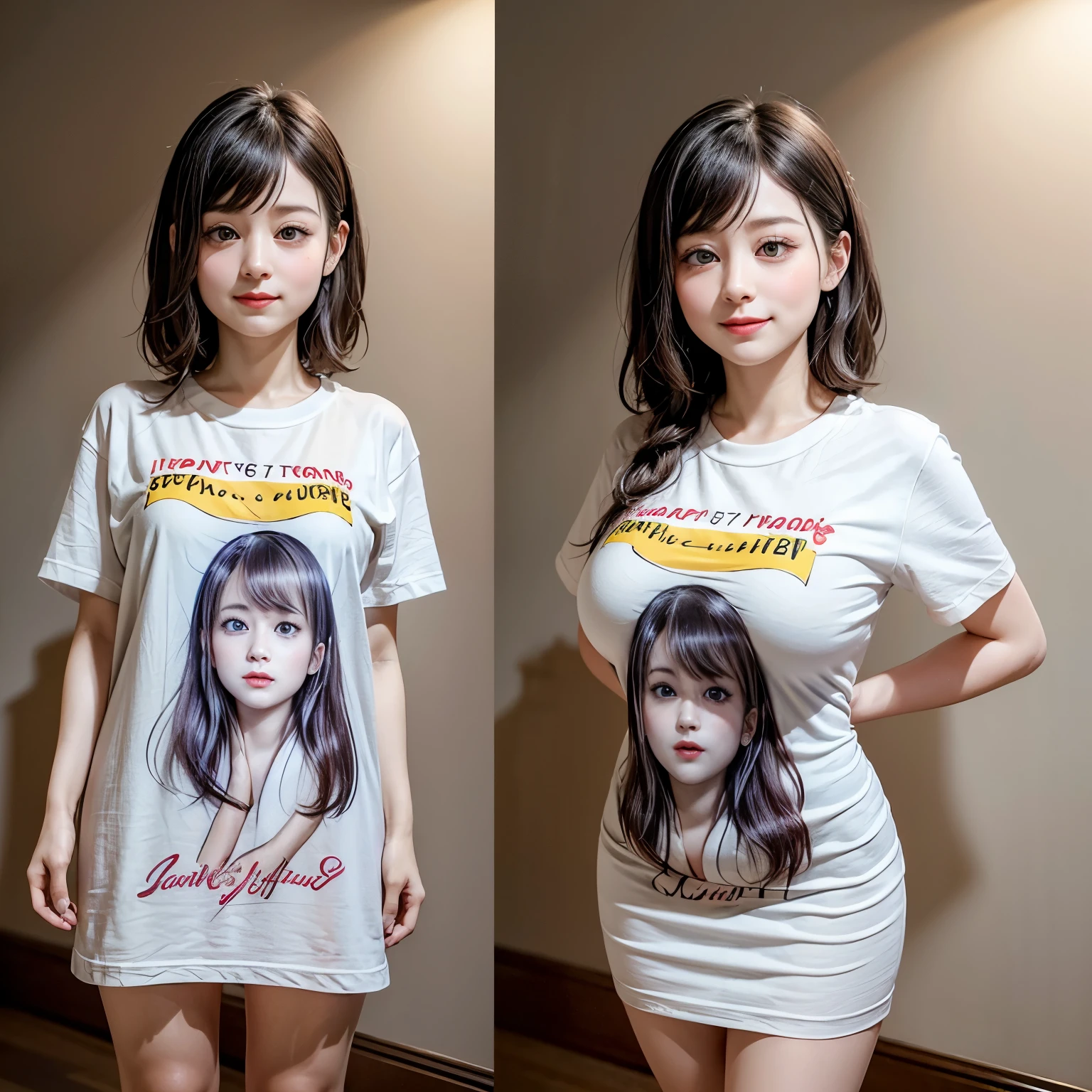 White and Bright Red, (Masterpiece 8K TopQuality:1.2) (ProfessionalPhoto:1.37) ExtremelyDetailed (((FullBody, KAWAII girl with HUGE boobs:1.37)) in ((WHITE cotton T-shirt dress:1.28) with (LifeSize her portrait printed on it:1.37)) detailed (Delicate cotton textures)) PerfectLighting (Studio Dark GRAY Background) with (Oodles of mystic Dazzling RainbowColor Particles:1.26)  BREAK  (((NOGIZAKA FaceVariations))), Extremely Detailed (very KAWAII Face), Childish CaptivatingGaze Stunning ParfectEyes ElaboratePupils with (SparklingHighlights:1.28), DoubleEyelids with (Detailed Voluminous LongEyelashes:0.88), Small GlossyRedLips with BeautifulDetails, CoquettishTongue, PUNIPUNI RosyCheeks, Radiant PearlSkin with Transparency, Glowing DowneyHair . { (Dynamic Joyful expressions LifeLike Rendering:1.4) | (:d) }, (large eyes:-1) . 