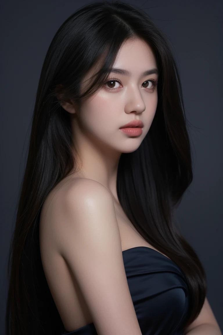 navy blue background, (best quality,4k,8k,highres,masterpiece,ultra-detailed), half body shot, beautiful detailed eyes, beautiful detailed lips, photography ,low lightning, portrait ,black hair, natural long hair, 28 years old, full dress, closed mouth, no teeth showing, real textured skin, body facing camera, showing hands, perfect hands, dark photo, far view