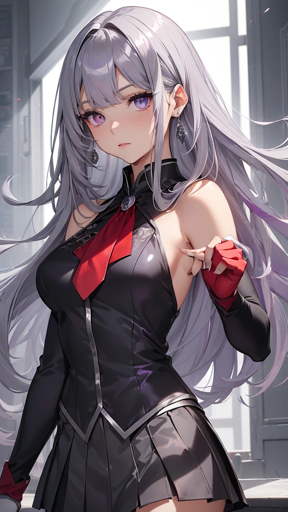最high quality、best image quality、masterpiece、girl((20-year-old top model、 By becoming、vest bust、medium bust,wide open breast tea、shining eyes,((heterochromia irises, (right eye, red colored right eye iris)(left eye, gray purple colored left eye iris), eyes; red and gray-purple)),((eye color is red)and gray-purple), gray metallic hair、(((gray hair color))), (((silver smooth glossy top model hairstyle))), straight silk bangs, straight cutted hair and bangs, bangs is blunt+straight cutted, long smooth hair、thin,highest valley、black student uniform、black short skirt、shoulder gem ornament ,diamond earrings、Wristband、black gloves)),high quality、beautiful art、background((School zone))、Flight、debris flies、Depth of written boundary、movie、visual art、perfect art、8K,genuine、Dynamic Performance