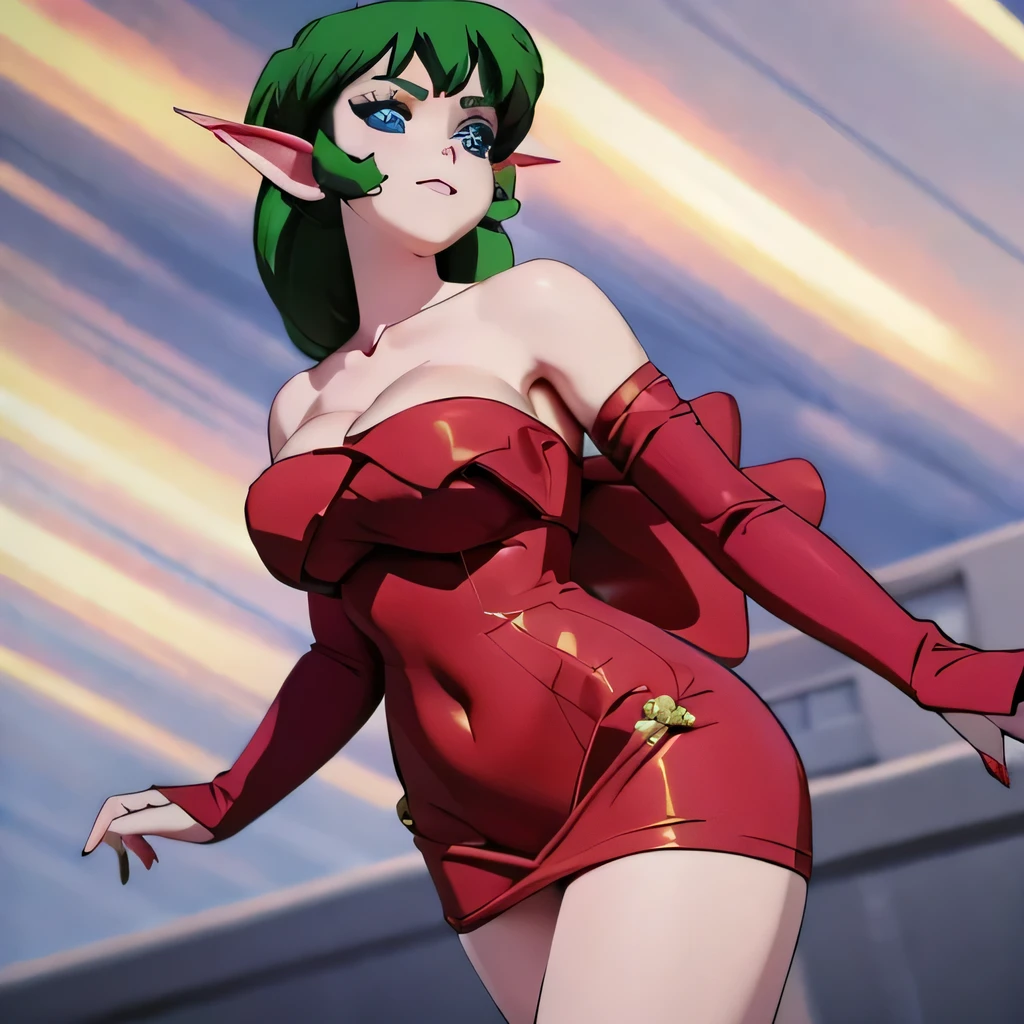  ((masterpiece,best quality,ultra-delicate,Perfect Face,16k,high resolution,very beautiful girl)),medium short green hair, seductive pose,Red strapless bodycon tube dress ,Red long arm sleeves,red high heels,Elf Girl,huge Breasts,blue eyes,Beautiful smile,20 years old