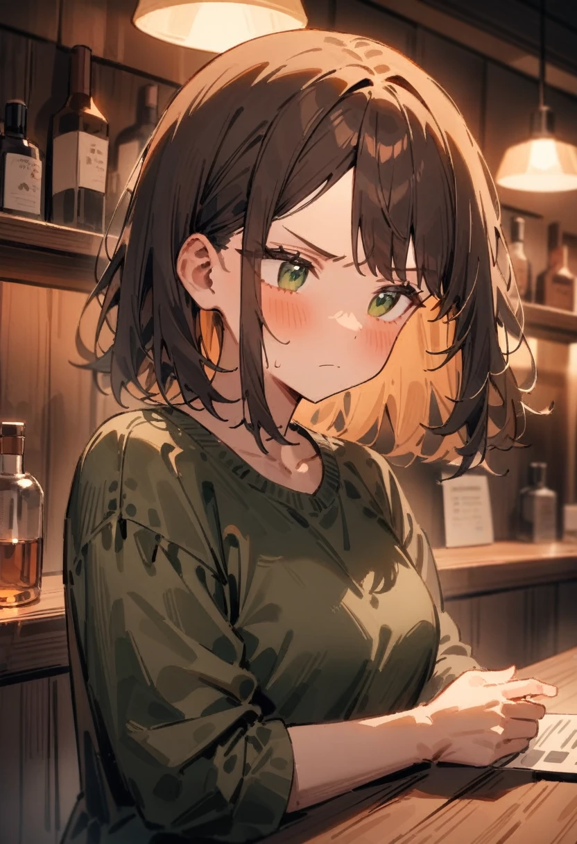 masterpiece, best quality, very aesthetic, absurdres, newest, 1girl, solo, asymmetrical bangs, tareme, late twenties, long brown hair, green eyes, serious expression, casual clothes, standing, holding medical report, dimly lit bar, wooden furniture, cozy bar interior, other patrons listening, intense mood, upper body, bar counter