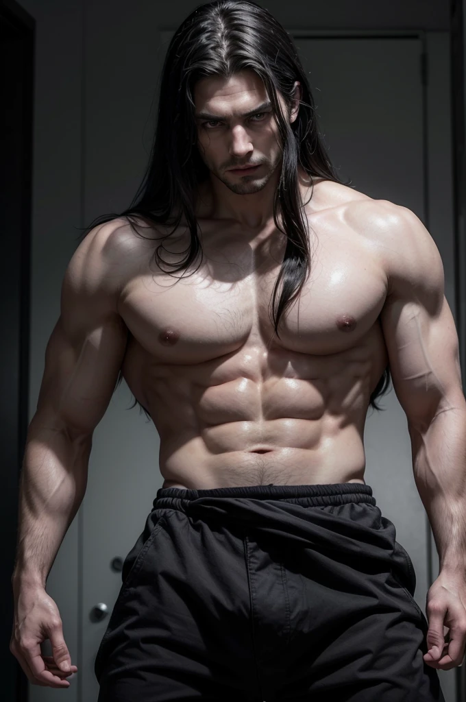 create a hyper-realistic one-man. He is white and handsome, His eyes are striking. He has long black hair that goes down to his waist and is loose.. Your body is extremely muscular and strong. His appearance is dark and mysterious. He is older and very sexy, and he has no clothes.