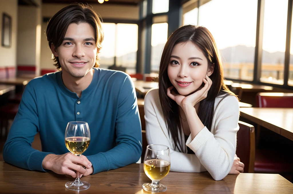((highest quality、8k、masterpiece:1.3))、1 male、1 woman who resembles Satomi Ishihara、Couple、Spouse、Couple、The body is slim、((Bob Hale、Straight hair:1.2)), (Realistic, Intricate details:1.2), Wine glass on the table、Put the light on your face、 Amazing view of the sunset sky and clouds、Amazing mountain views、A bright smile、The wonderfulness of smile、Bright image、The beauty of wine, Beautiful Face, blue eyes, The light shines on your face, Blushing, short hair,Bright Face、 (Age 42), 39 years old, red wine 、Appetizers、Italian food、Wine bottle、Champagne、sparkling wine、Two beauties、Brown Hair、Shortcuts、Long sleeve shirt、dress、Pretty Woman 1, (Slim face), (The body is slim), (Brown Hair), (Shortcuts), cheeks turn a little red,Attractive beauty、restaurant, In a prominent place (From the waist up) Nova Frog Style, actress, model, Upper Body, White wine, slim, wine glass, A wine glass placed in the center, smile, (smile: 1.15), Beautiful fine grain, Depth f/2,saturation, High Contrast, Strong light and shadow,Moist Body:1.5、3D texture、Delicate eyes、Brown Hair、The hair is very shiny、