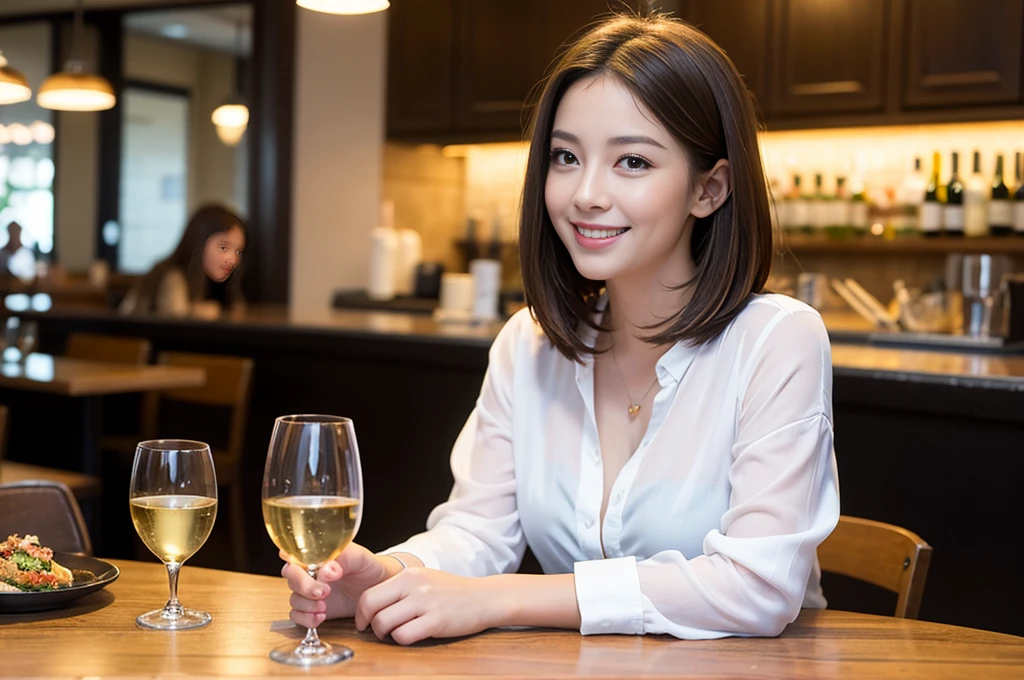 ((highest quality、8k、masterpiece:1.3))、1 male、1 woman who resembles Satomi Ishihara、Couple、Spouse、Couple、The body is slim、((Bob Hale、Straight hair:1.2)), (Realistic, Intricate details:1.2), Wine glass on the table、Put the light on your face、 Amazing view of the sunset sky and clouds、Amazing mountain views、A bright smile、The wonderfulness of smile、Bright image、The beauty of wine, Beautiful Face, blue eyes, The light shines on your face, Blushing, short hair,Bright Face、 (Age 42), 39 years old, red wine 、Appetizers、Italian food、Wine bottle、Champagne、sparkling wine、Two beauties、Brown Hair、Shortcuts、Long sleeve shirt、dress、Pretty Woman 1, (Slim face), (The body is slim), (Brown Hair), (Shortcuts), cheeks turn a little red,Attractive beauty、restaurant, In a prominent place (From the waist up) Nova Frog Style, actress, model, Upper Body, White wine, slim, wine glass, A wine glass placed in the center, smile, (smile: 1.15), Beautiful fine grain, Depth f/2,saturation, High Contrast, Strong light and shadow,Moist Body:1.5、3D texture、Delicate eyes、Brown Hair、The hair is very shiny、