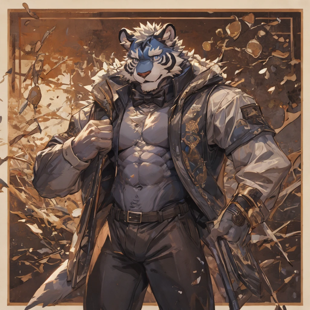 {{bara extremely handsome white tiger,}} {{white fur,}} white, wearing elegant ornate suit jacket, trousers, white dress shirt and necktie, white fluffy furry body and limbs, loafers, very tall, very broad shoulders, narrow waist, muscular arms, massive pecs, purple eyes, very long legs, massive bulge, sophisticated hot look, 3/4 view, best quality, high detail, CG image, character splash art, silver earring on left ear, sultry smirk