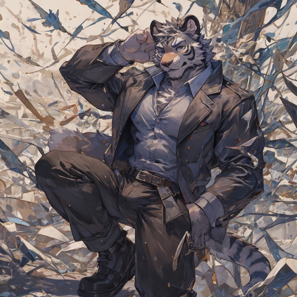 {{bara extremely handsome white tiger,}} {{white fur,}} white, wearing elegant ornate suit jacket, trousers, white dress shirt and necktie, white fluffy furry body and limbs, loafers, very tall, very broad shoulders, narrow waist, muscular arms, massive pecs, purple eyes, very long legs, massive bulge, sophisticated hot look, 3/4 view, best quality, high detail, CG image, character splash art, silver earring on left ear, sultry smirk