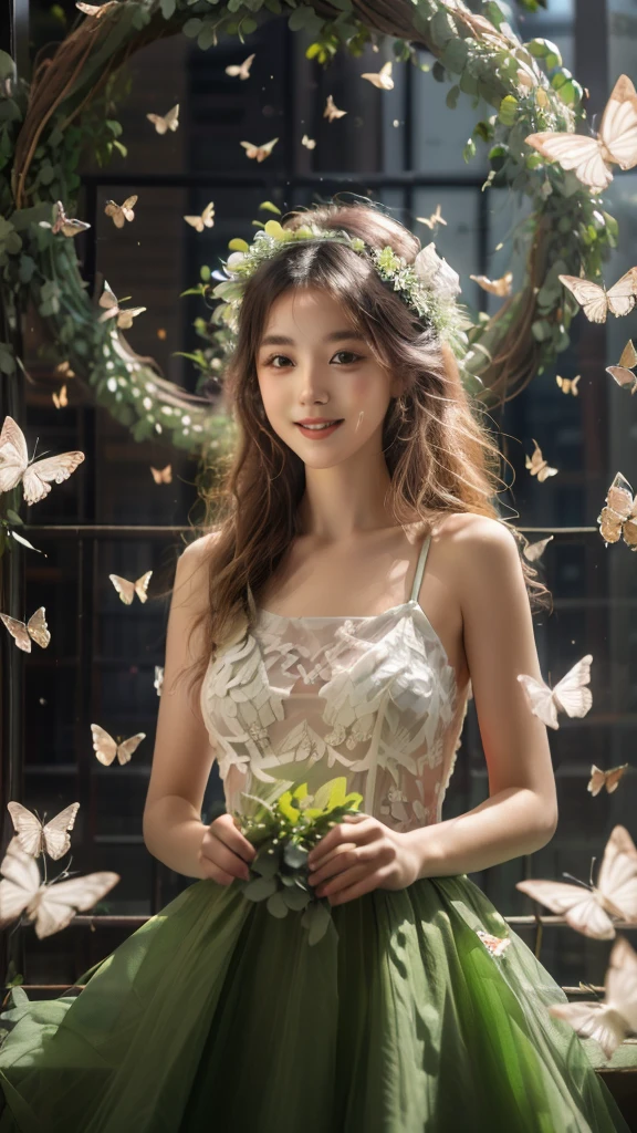 (A beautiful and sunny girl:1.2),(black hair:1.1),Wearing a white wedding dress,(wreath:1.2),Happiness,Smile,Vitality,
white butterfly,(fresh green plants:1.1),gentle sunshine,(masterpiece:1,2), best quality, masterpiece, highres, original, extremely detailed wallpaper, perfect lighting,(extremely detailed CG:1.2ï¼