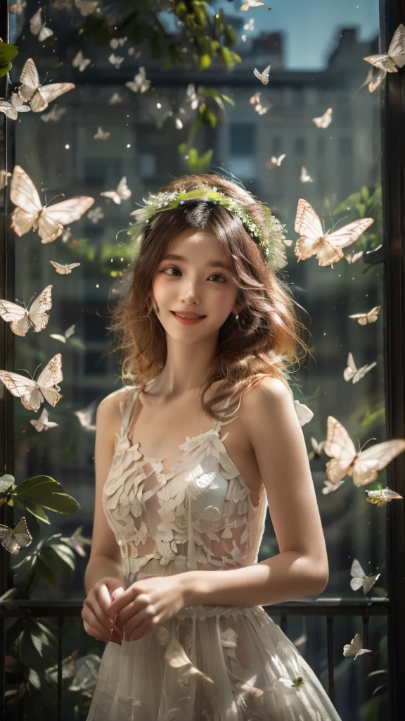 (A beautiful and sunny girl:1.2),(black hair:1.1),Wearing a white wedding dress,(wreath:1.2),Happiness,Smile,Vitality,
white butterfly,(fresh green plants:1.1),gentle sunshine,(masterpiece:1,2), best quality, masterpiece, highres, original, extremely detailed wallpaper, perfect lighting,(extremely detailed CG:1.2ï¼