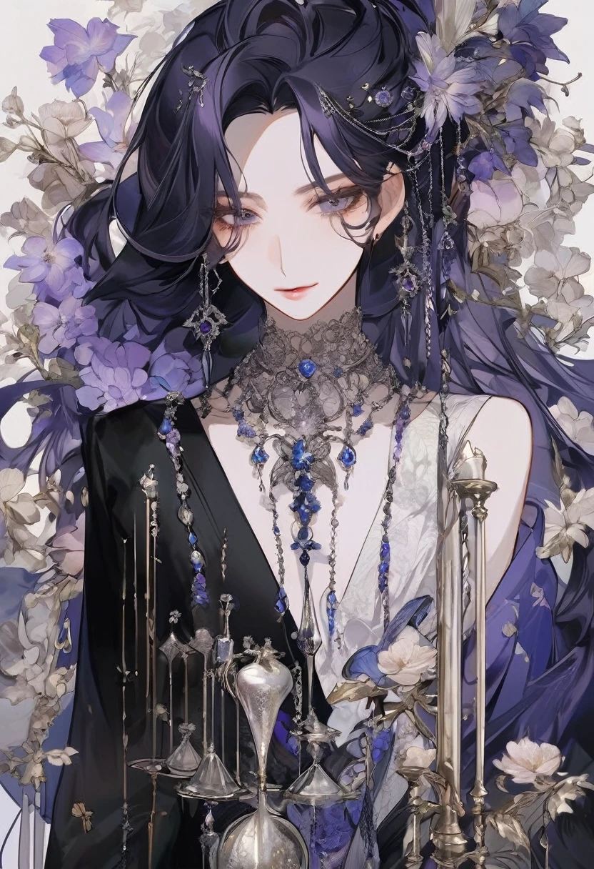 Feminine boy, soft womanish facial features, smile, squinted siren dark blue eyes without glare, silver and dark purple long loose hair with straight bang, fantasy black clothes with blue and purple elements, long black gloves, model, gorgeous, elegant, lots of silver jewelry, flowers in his hair, skinny body, hourglass figure, light lipstick