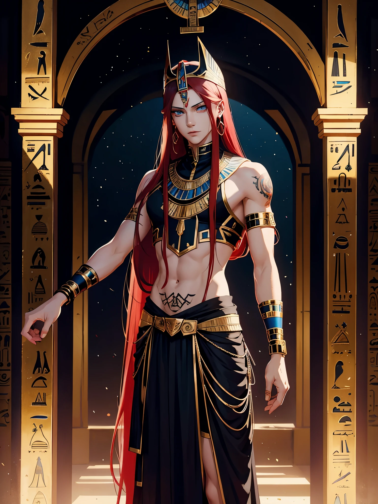 Egyptian deity Seth. long red hair, black colored clothes, red clothes. silver jewelry. light skin. Desert. Thron. Tattoos, Egyptian. blue eyes. Rotes Make Up.