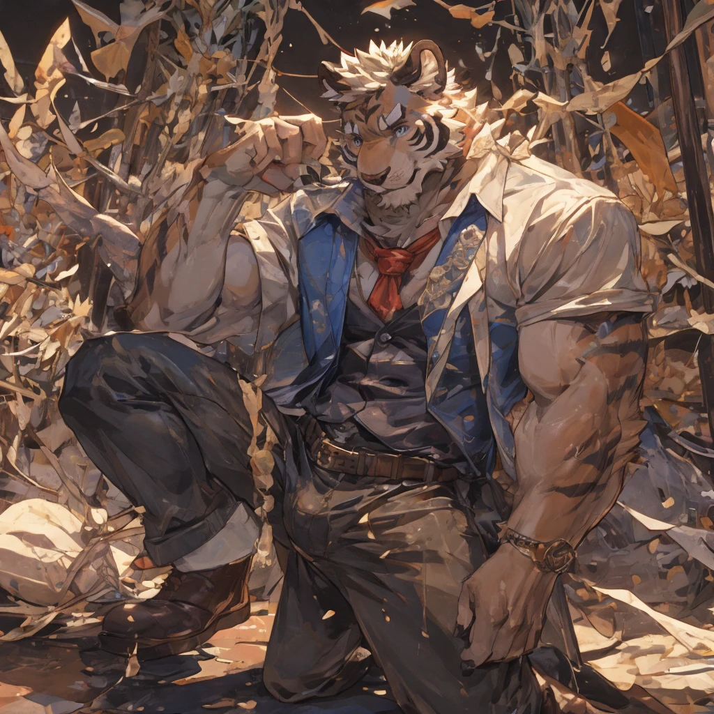 {{bara extremely handsome white tiger,}} {{white fur,}} white, wearing elegant ornate suit jacket, trousers, white dress shirt and necktie, white fluffy furry body and limbs, loafers, very tall, very broad shoulders, narrow waist, muscular arms, massive pecs, purple eyes, very long legs, massive bulge, sophisticated hot look, 3/4 view, best quality, high detail, CG image, character splash art, silver earring on left ear, sultry smirk