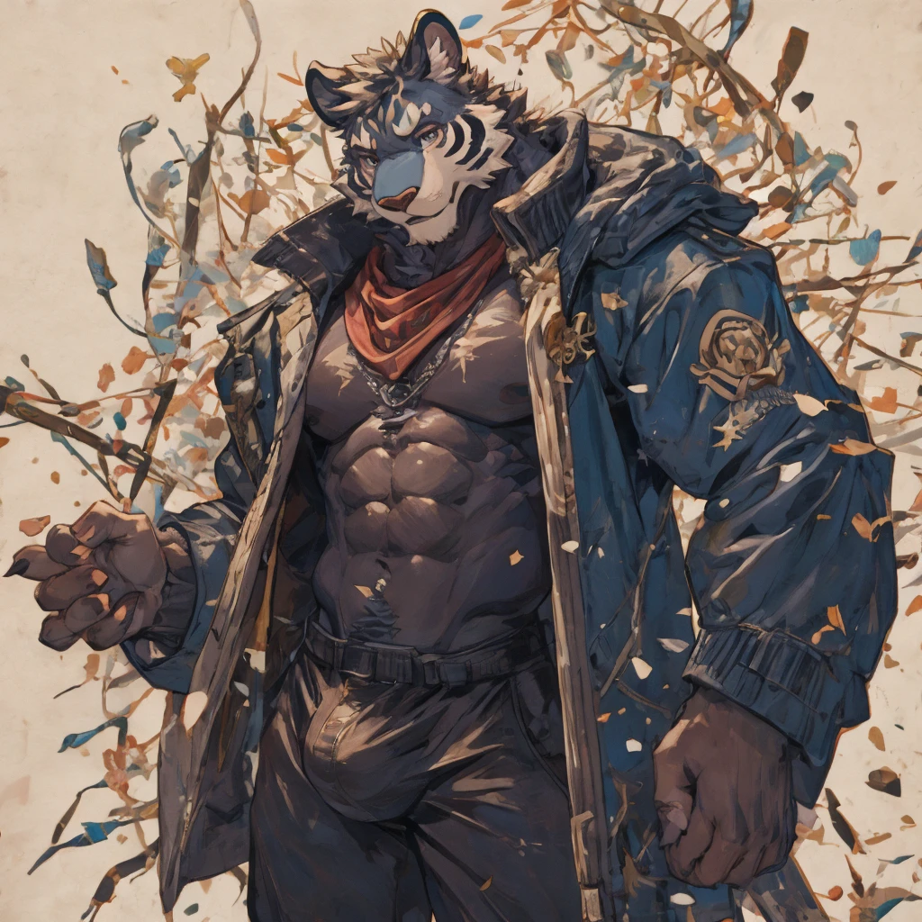 {{bara extremely handsome white tiger,}} {{white fur,}} white, wearing elegant ornate suit jacket, trousers, white dress shirt and necktie, white fluffy furry body and limbs, loafers, very tall, very broad shoulders, narrow waist, muscular arms, massive pecs, purple eyes, very long legs, massive bulge, sophisticated hot look, 3/4 view, best quality, high detail, CG image, character splash art, silver earring on left ear, sultry smirk